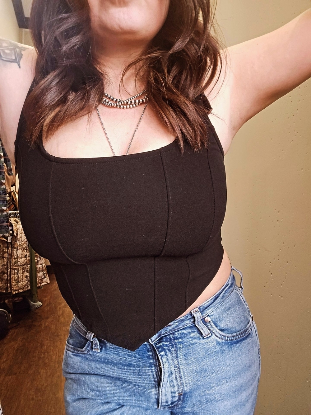 Black Structured Corset-Style Crop Top with Square Neck